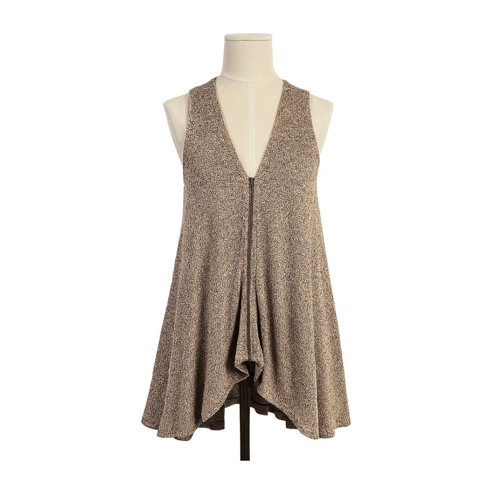 Comfy USA Cardigan Vest Sleeveless‎ Open Knit Asymmetric Hem Lagenlook Neutral M